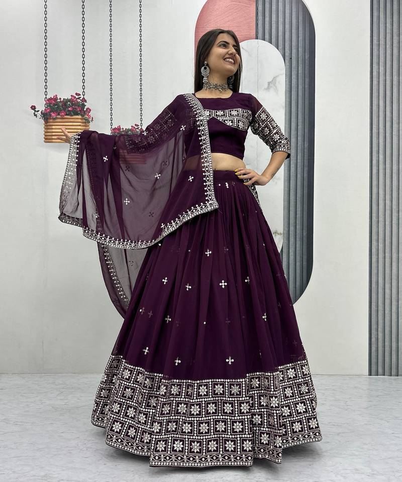 Wine Color Embroidery Sequence Work Fox Georgette Lahenga Choli Set