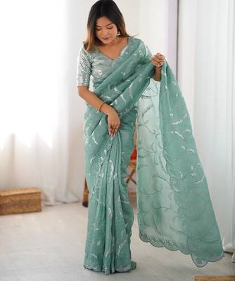 Light Turquoise Color Thread With Sequence Work Gold Crush Silk Saree 1