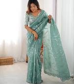 Light Turquoise Color Thread With Sequence Work Gold Crush Silk Saree