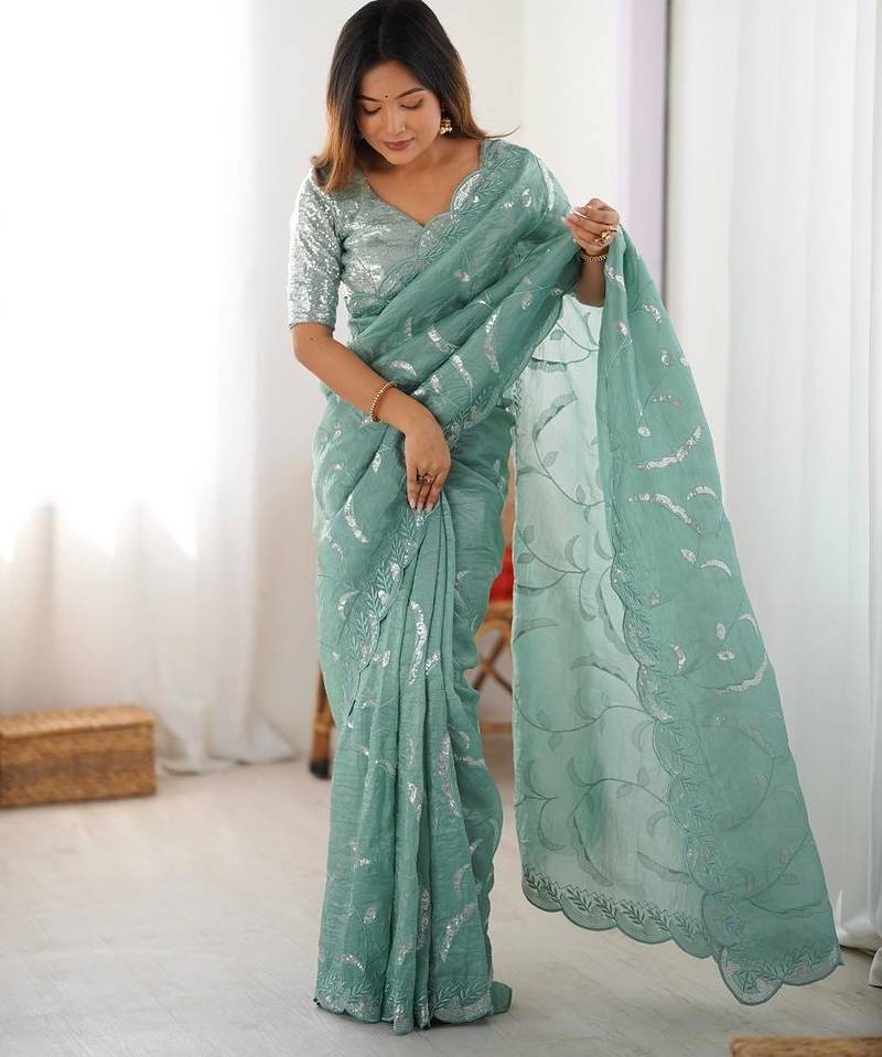 Light Turquoise Color Thread With Sequence Work Gold Crush Silk Saree