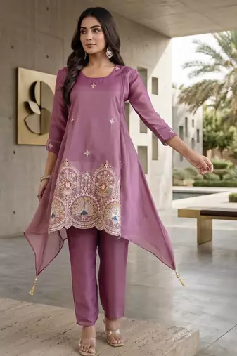 Stylish pink ethnic kurta set with heavy floral embroidery