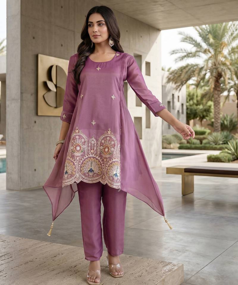 Stylish pink ethnic kurta set with heavy floral embroidery