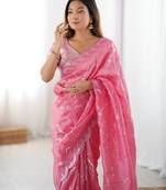 Pink Color Thread With Sequence Work Gold Crush Silk Saree