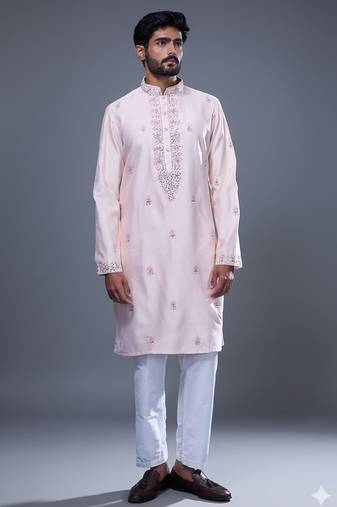 Light pink embroidered, mirror silk kurta pant