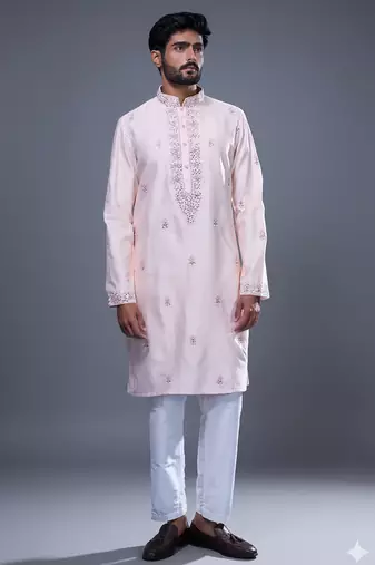Light pink embroidered, mirror silk kurta pant