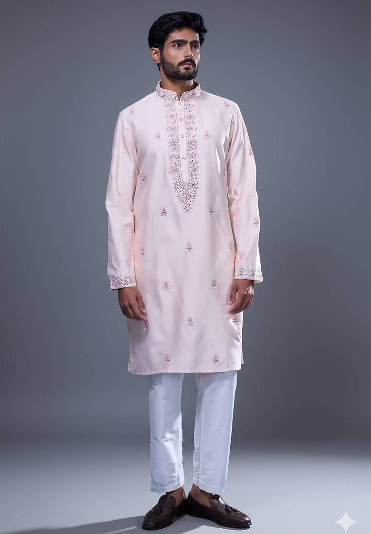 Light pink embroidered, mirror silk kurta pant