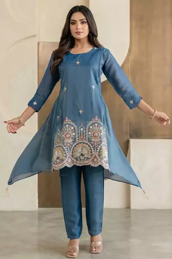 Stylish blue ethnic kurta set with heavy floral embroidery