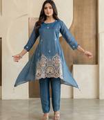 Stylish blue ethnic kurta set with heavy floral embroidery