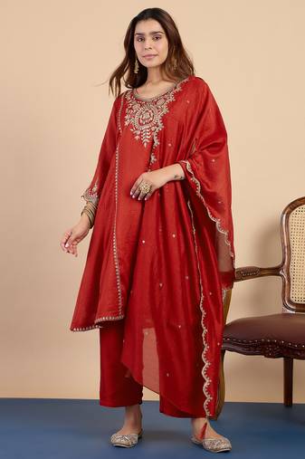 Rust women kurta pant dupatta set