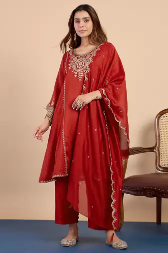 Rust women kurta pant dupatta set