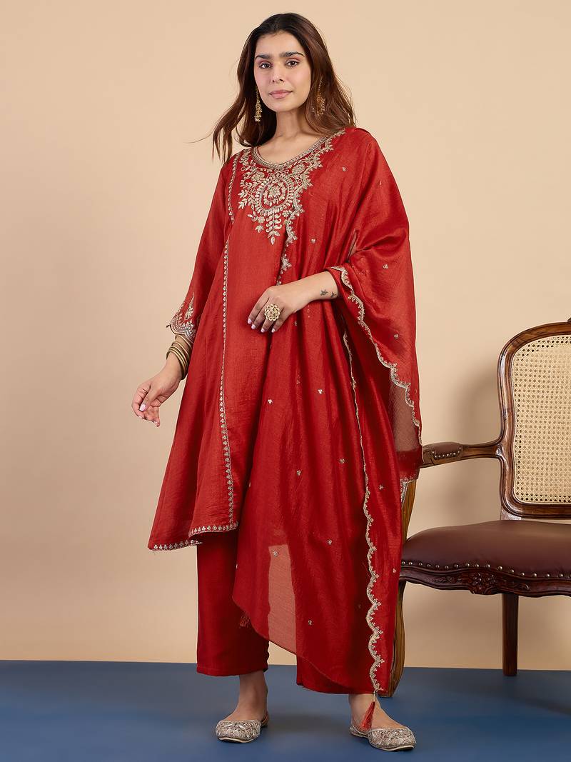 Rust women kurta pant dupatta set