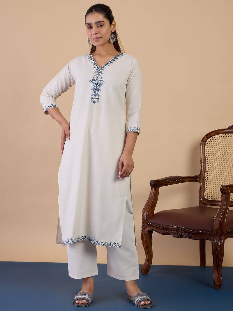 White women khadi cotton kurta pant set