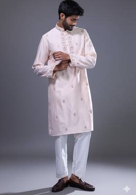 Light pink embroidered, mirror silk kurta pant 2