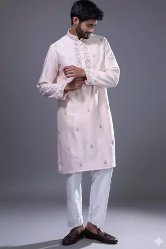 Light pink embroidered, mirror silk kurta pant