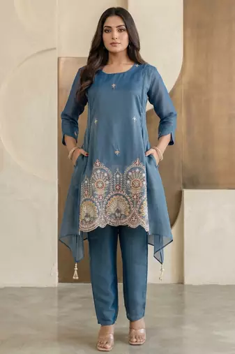 Stylish blue ethnic kurta set with heavy floral embroidery