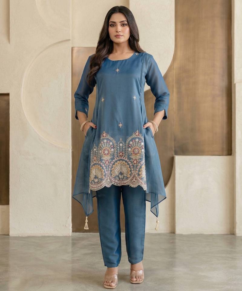 Stylish blue ethnic kurta set with heavy floral embroidery