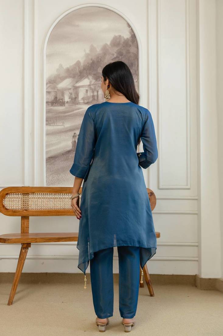 Stylish blue ethnic kurta set with heavy floral embroidery