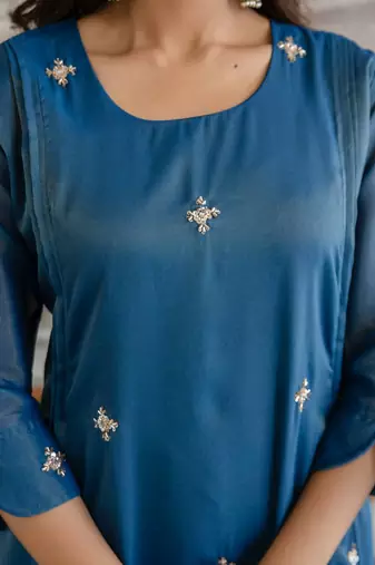 Stylish blue ethnic kurta set with heavy floral embroidery