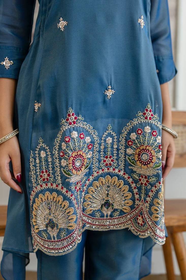 Stylish blue ethnic kurta set with heavy floral embroidery