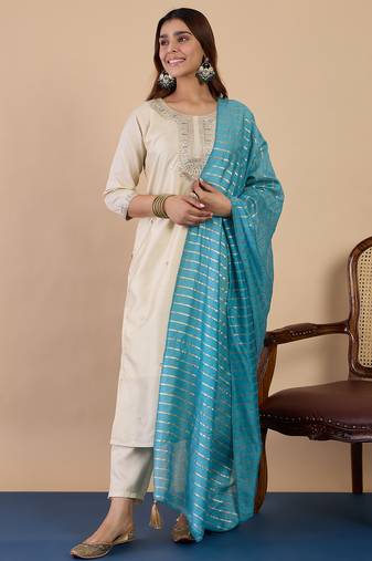 Cream women kurta pant dupatta set
