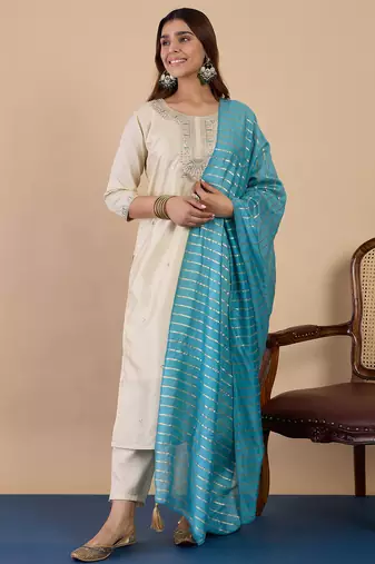 Cream women kurta pant dupatta set