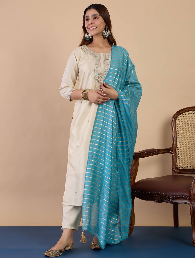 Cream women kurta pant dupatta set