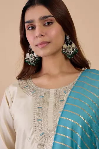 Cream women kurta pant dupatta set