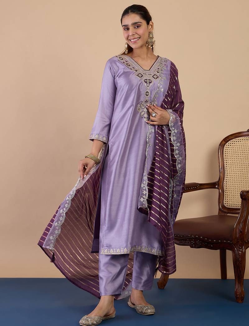 Lavender women kurta pant dupatta set