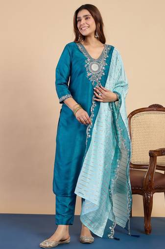 Teal women kurta pant dupatta set