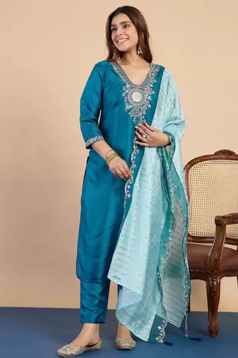 Teal women kurta pant dupatta set