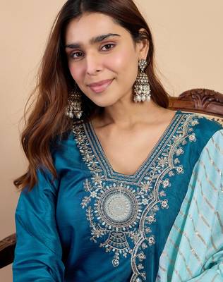 Teal women kurta pant dupatta set 3