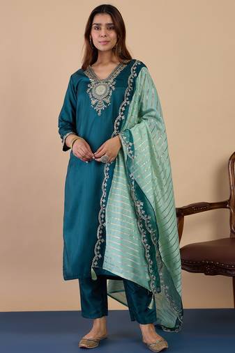 Green women kurta pant dupatta set