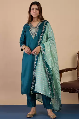 Green women kurta pant dupatta set