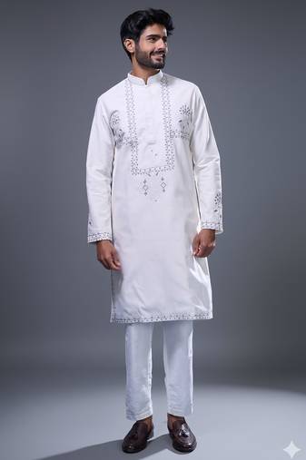 Off white embroidered silk kurta pant