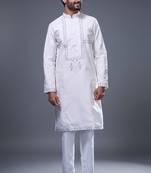 Off white embroidered silk kurta pant