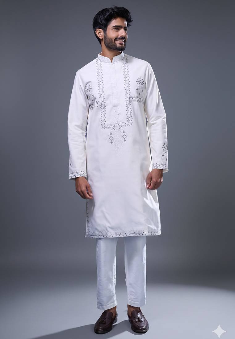 Off white embroidered silk kurta pant