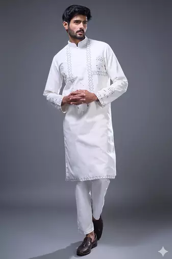 Off white embroidered silk kurta pant