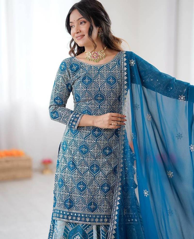 Teal Color Thread With Sequence Work Faux Georgette Lehenga Top Dupatta Set