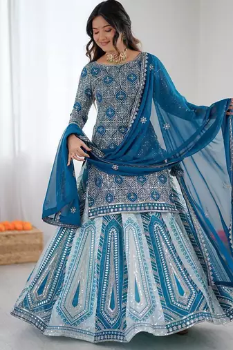 Teal Color Thread With Sequence Work Faux Georgette Lehenga Top Dupatta Set