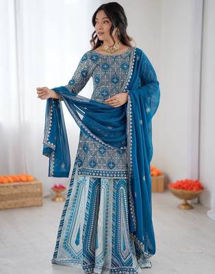 Teal Color Thread With Sequence Work Faux Georgette Lehenga Top Dupatta Set 1