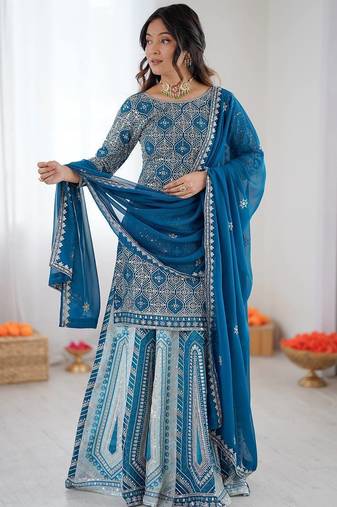Teal Color Thread With Sequence Work Faux Georgette Lehenga Top Dupatta Set