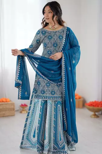 Teal Color Thread With Sequence Work Faux Georgette Lehenga Top Dupatta Set