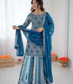 Teal Color Thread With Sequence Work Faux Georgette Lehenga Top Dupatta Set