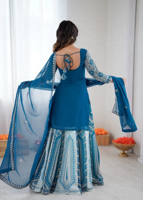 Teal Color Thread With Sequence Work Faux Georgette Lehenga Top Dupatta Set 4