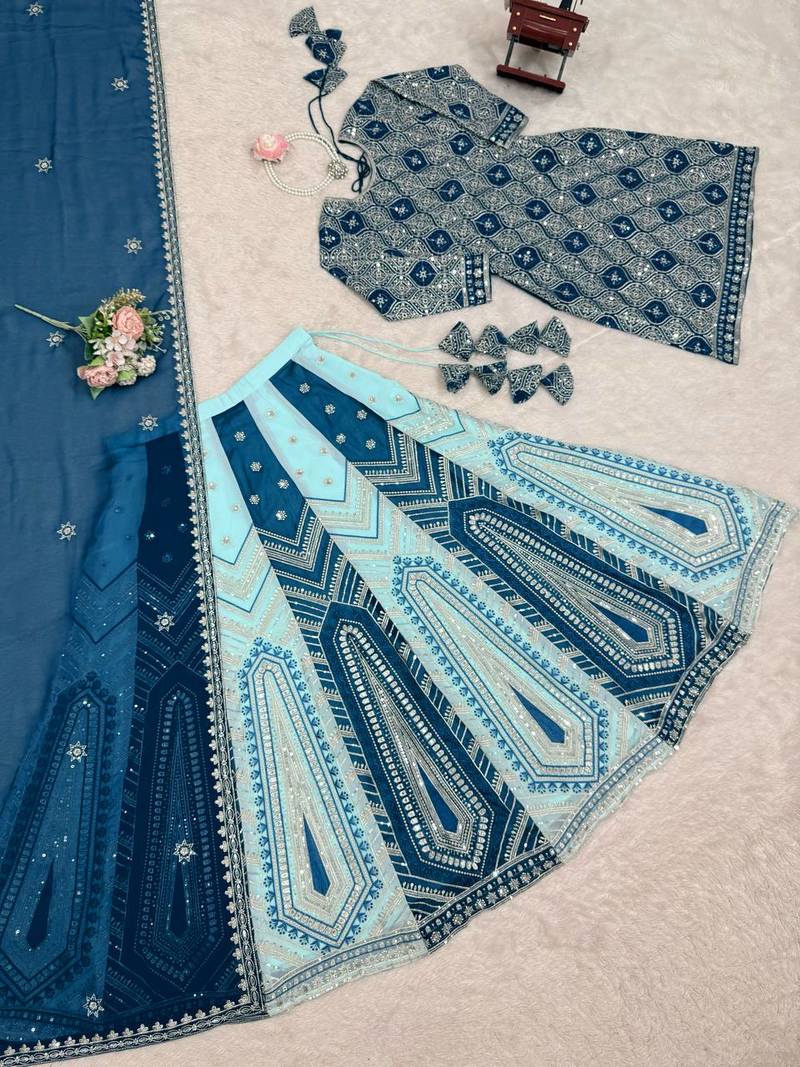 Teal Color Thread With Sequence Work Faux Georgette Lehenga Top Dupatta Set