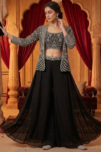 women's elegant purple georgette silk embellished jacket palazzo set