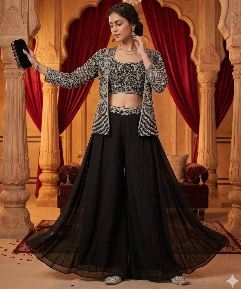 women's elegant purple georgette silk embellished jacket palazzo set