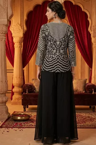 women's elegant purple georgette silk embellished jacket palazzo set