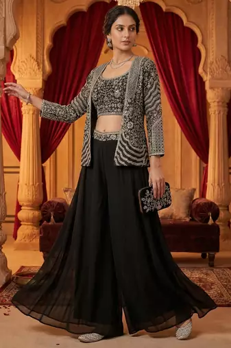 women's elegant purple georgette silk embellished jacket palazzo set