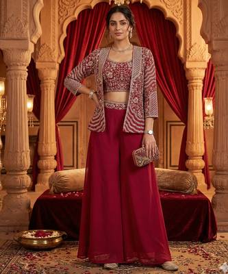 women's elegant purple georgette silk embellished jacket palazzo set 1